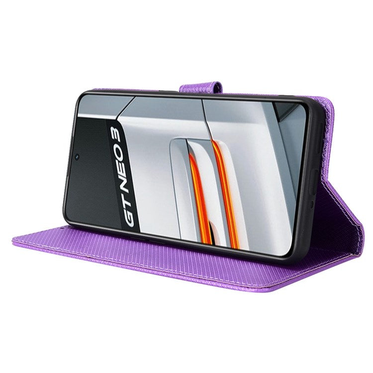 For Realme GT Neo3 Wallet Leather Case Diamond Texture Stand Magnetic Clasp Phone Cover - Purple