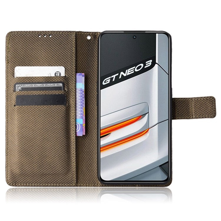 For Realme GT Neo3 Wallet Leather Case Diamond Texture Stand Magnetic Clasp Phone Cover - Brown