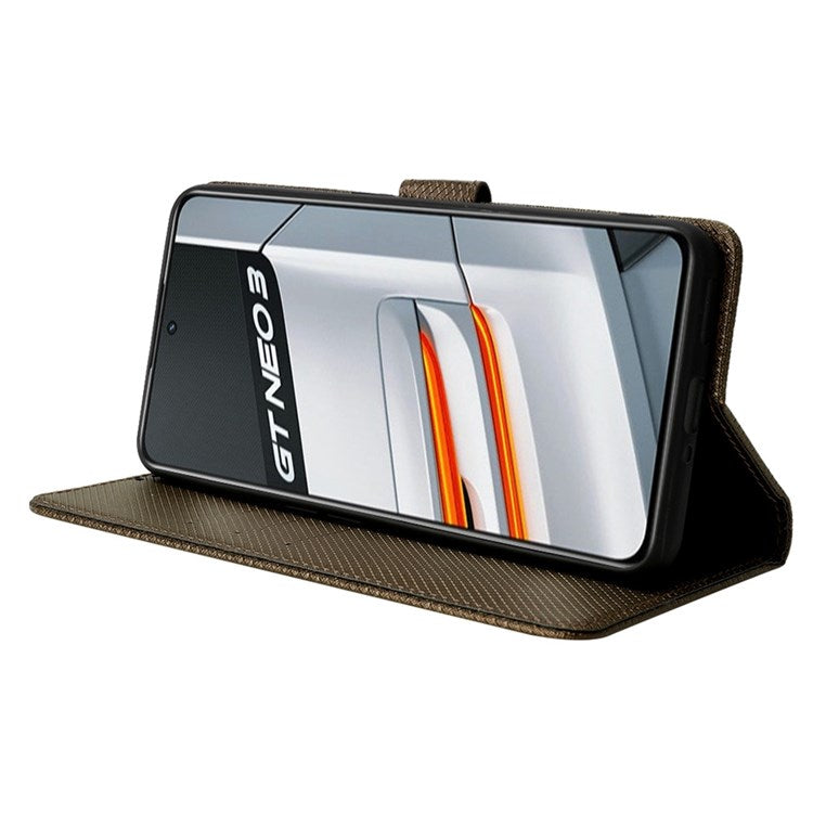 For Realme GT Neo3 Wallet Leather Case Diamond Texture Stand Magnetic Clasp Phone Cover - Brown