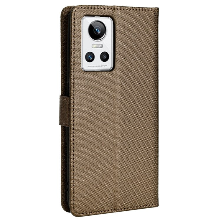 For Realme GT Neo3 Wallet Leather Case Diamond Texture Stand Magnetic Clasp Phone Cover - Brown