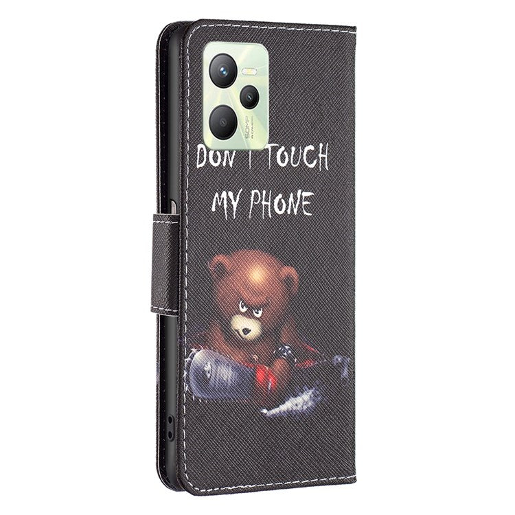 For Realme C35 BF Pattern Printing Leather Series-1 Magnetic Clasp Closure Phone Case with Adjustable Stand Folio Flip Wallet Protective Shell - Bear