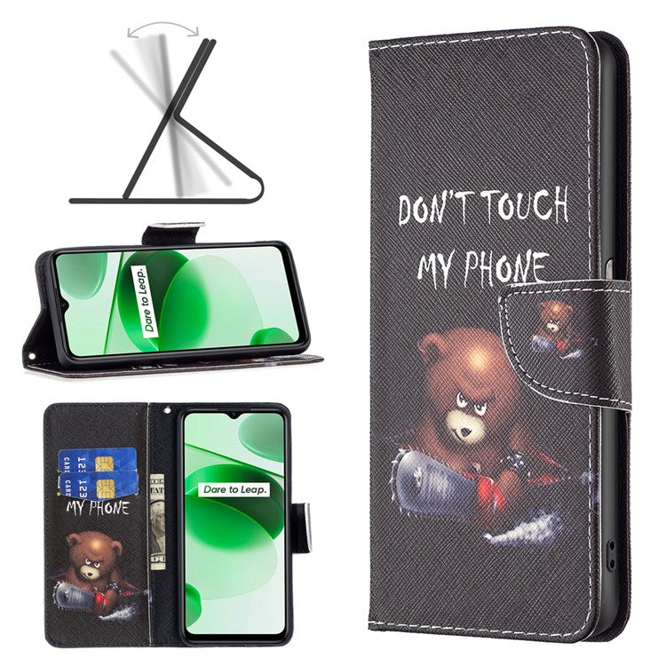 For Realme C35 BF Pattern Printing Leather Series-1 Magnetic Clasp Closure Phone Case with Adjustable Stand Folio Flip Wallet Protective Shell - Bear