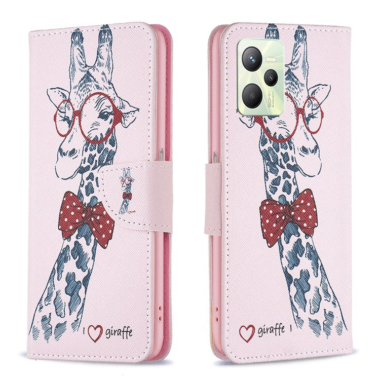 For Realme C35 BF Pattern Printing Leather Series-1 Magnetic Clasp Closure Phone Case with Adjustable Stand Folio Flip Wallet Protective Shell - Giraffe