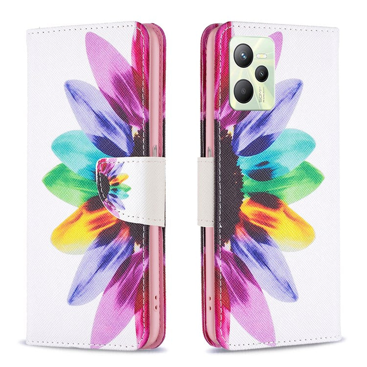 For Realme C35 BF Pattern Printing Leather Series-1 Magnetic Clasp Closure Phone Case with Adjustable Stand Folio Flip Wallet Protective Shell - Sunflower