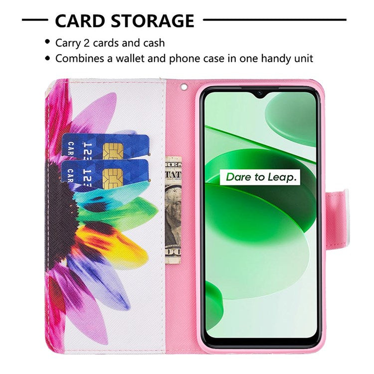For Realme C35 BF Pattern Printing Leather Series-1 Magnetic Clasp Closure Phone Case with Adjustable Stand Folio Flip Wallet Protective Shell - Sunflower