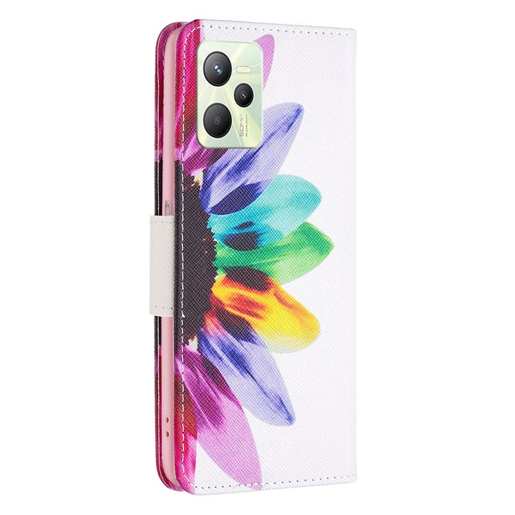For Realme C35 BF Pattern Printing Leather Series-1 Magnetic Clasp Closure Phone Case with Adjustable Stand Folio Flip Wallet Protective Shell - Sunflower