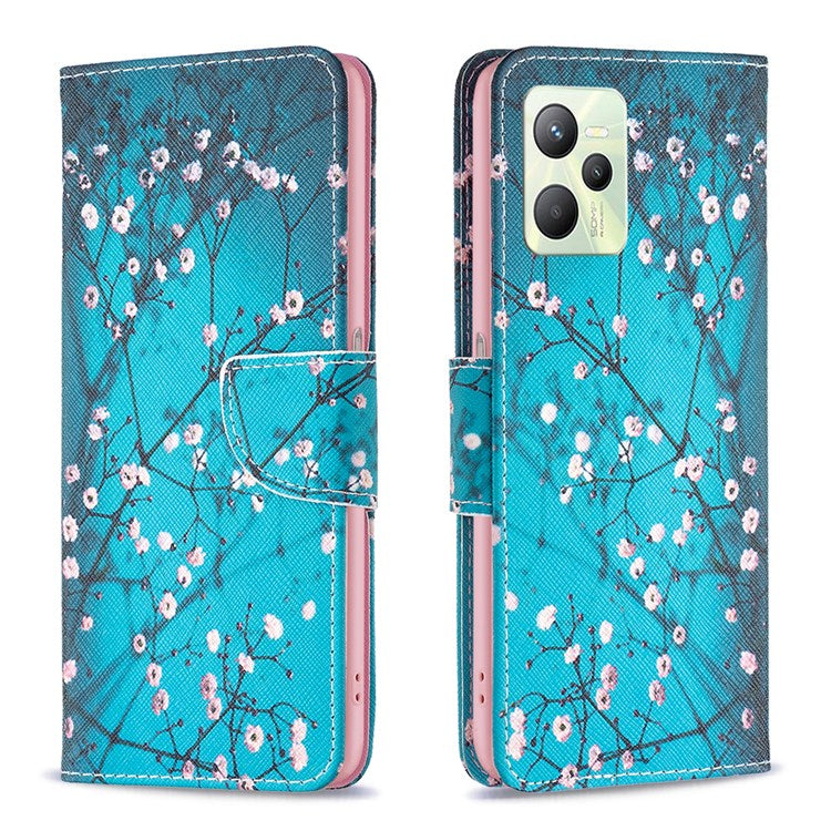 For Realme C35 BF Pattern Printing Leather Series-1 Magnetic Clasp Closure Phone Case with Adjustable Stand Folio Flip Wallet Protective Shell - Winter Sweet