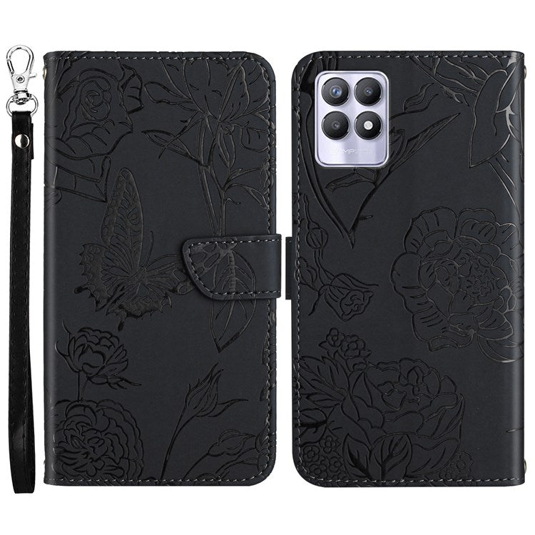 Butterfly Flowers Imprinting PU Leather Phone Shell for Realme 8i/Narzo 50 4G, Folio Flip Wallet Skin-Touch Leather Case with Foldable Stand Handy Strap - Black
