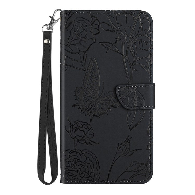 Butterfly Flowers Imprinting PU Leather Phone Shell for Realme 8i/Narzo 50 4G, Folio Flip Wallet Skin-Touch Leather Case with Foldable Stand Handy Strap - Black