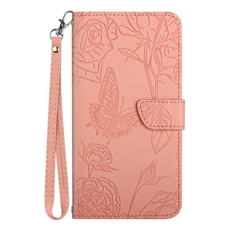 Butterfly Flowers Imprinting PU Leather Phone Shell for Realme 8i/Narzo 50 4G, Folio Flip Wallet Skin-Touch Leather Case with Foldable Stand Handy Strap - Pink