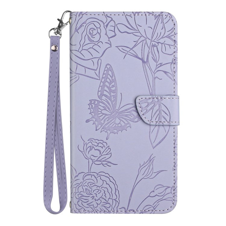 Butterfly Flowers Imprinting PU Leather Phone Shell for Realme 8i/Narzo 50 4G, Folio Flip Wallet Skin-Touch Leather Case with Foldable Stand Handy Strap - Light Purple