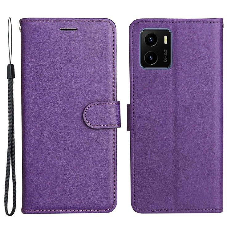 KT Leather Series-2 for vivo Y15s 4G/Y15a 4G PU Leather Solid Color Shockproof Phone Case Stand Flip Hand Strap Wallet Cover - Purple