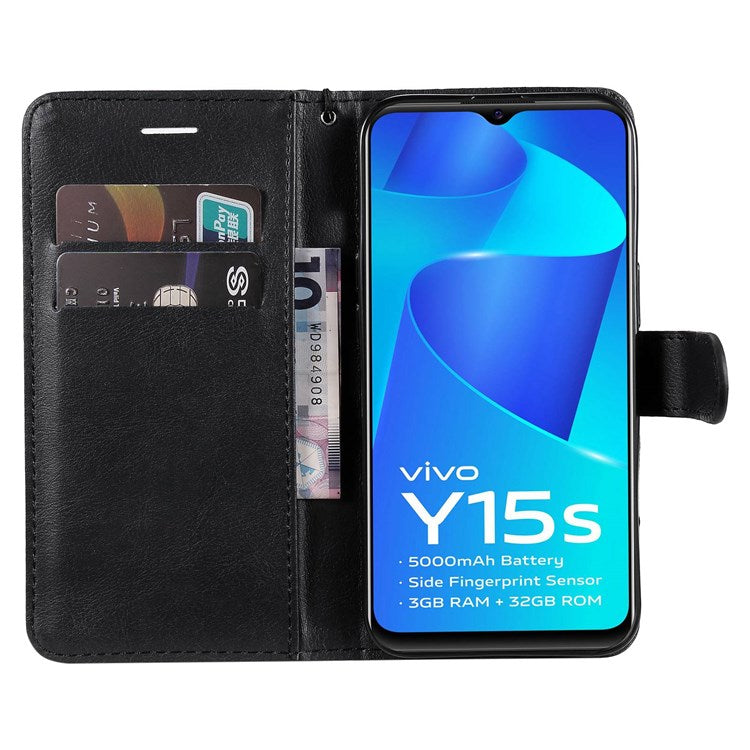 KT Leather Series-2 for vivo Y15s 4G/Y15a 4G PU Leather Solid Color Shockproof Phone Case Stand Flip Hand Strap Wallet Cover - Black