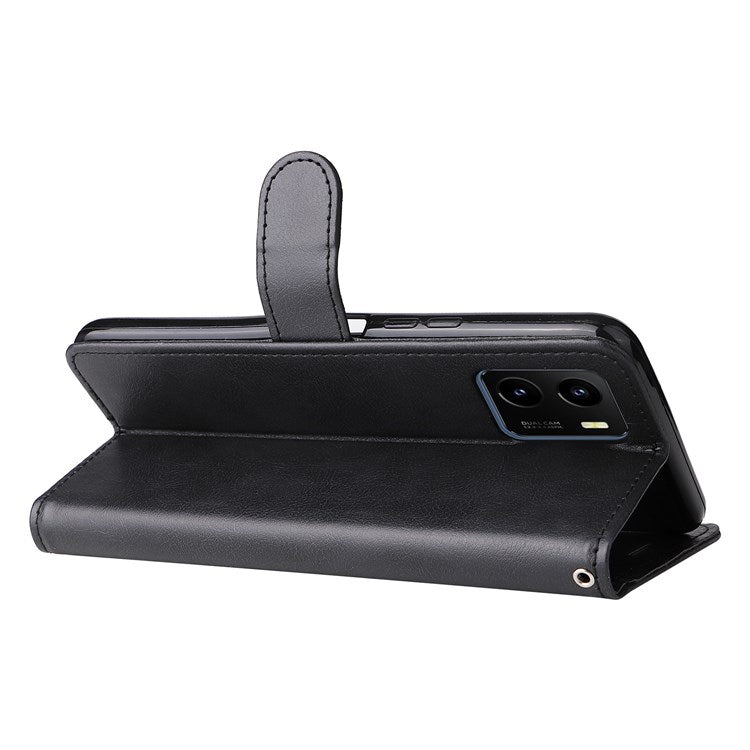 KT Leather Series-2 for vivo Y15s 4G/Y15a 4G PU Leather Solid Color Shockproof Phone Case Stand Flip Hand Strap Wallet Cover - Black
