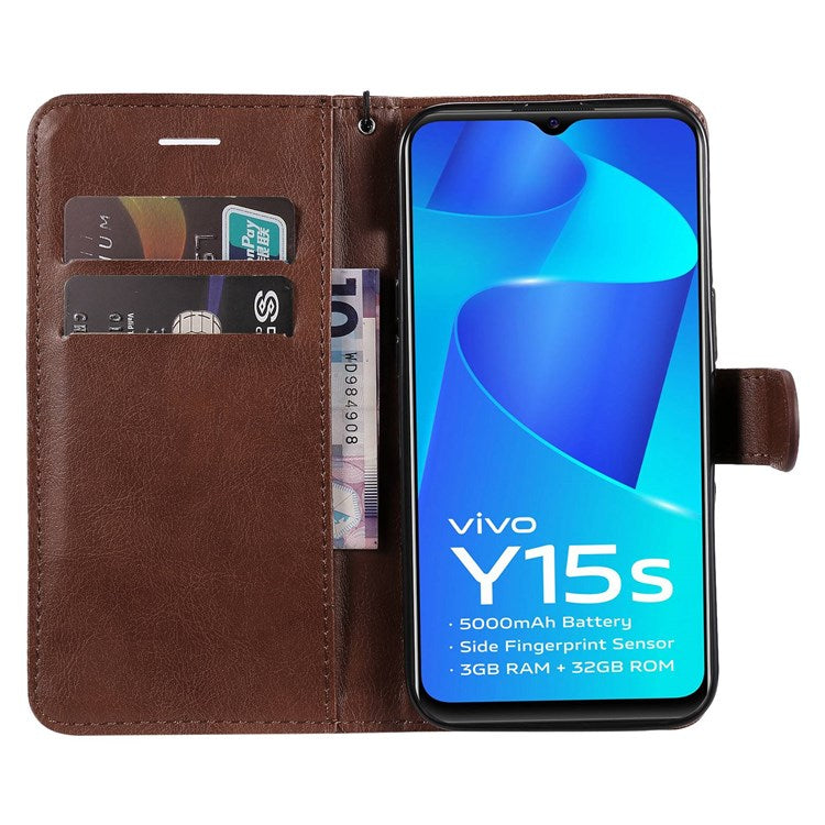 KT Leather Series-2 for vivo Y15s 4G/Y15a 4G PU Leather Solid Color Shockproof Phone Case Stand Flip Hand Strap Wallet Cover - Brown
