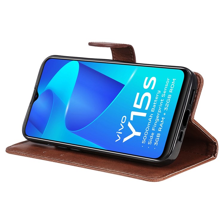 KT Leather Series-2 for vivo Y15s 4G/Y15a 4G PU Leather Solid Color Shockproof Phone Case Stand Flip Hand Strap Wallet Cover - Brown