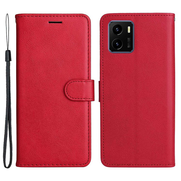 KT Leather Series-2 for vivo Y15s 4G/Y15a 4G PU Leather Solid Color Shockproof Phone Case Stand Flip Hand Strap Wallet Cover - Red