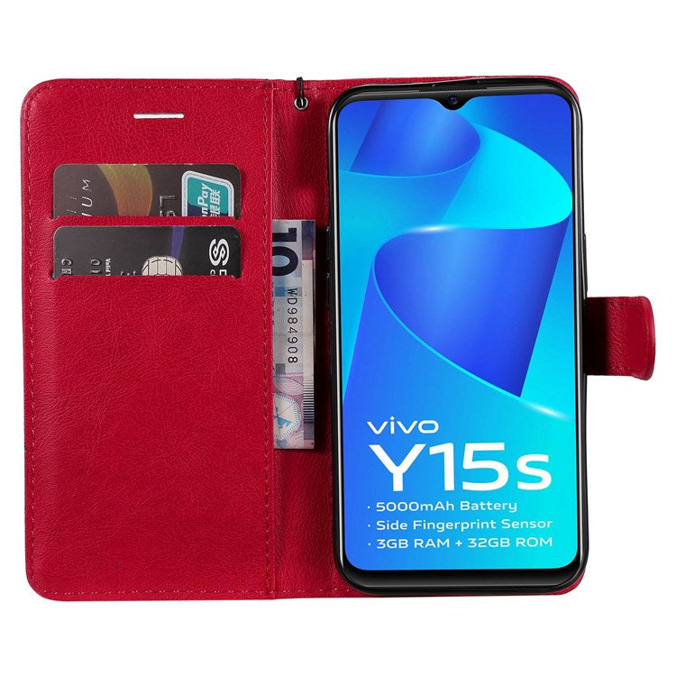 KT Leather Series-2 for vivo Y15s 4G/Y15a 4G PU Leather Solid Color Shockproof Phone Case Stand Flip Hand Strap Wallet Cover - Red