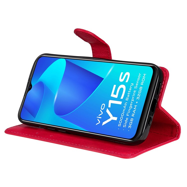 KT Leather Series-2 for vivo Y15s 4G/Y15a 4G PU Leather Solid Color Shockproof Phone Case Stand Flip Hand Strap Wallet Cover - Red