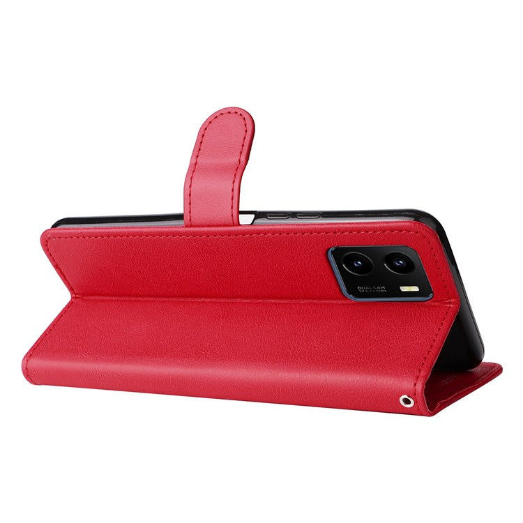 KT Leather Series-2 for vivo Y15s 4G/Y15a 4G PU Leather Solid Color Shockproof Phone Case Stand Flip Hand Strap Wallet Cover - Red