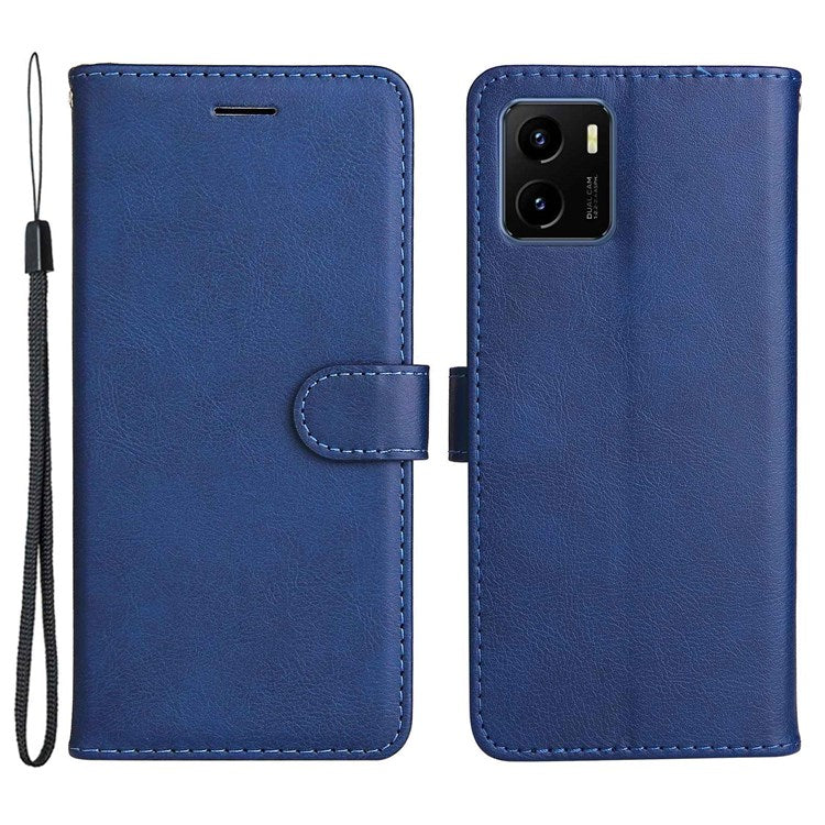 KT Leather Series-2 for vivo Y15s 4G/Y15a 4G PU Leather Solid Color Shockproof Phone Case Stand Flip Hand Strap Wallet Cover - Blue
