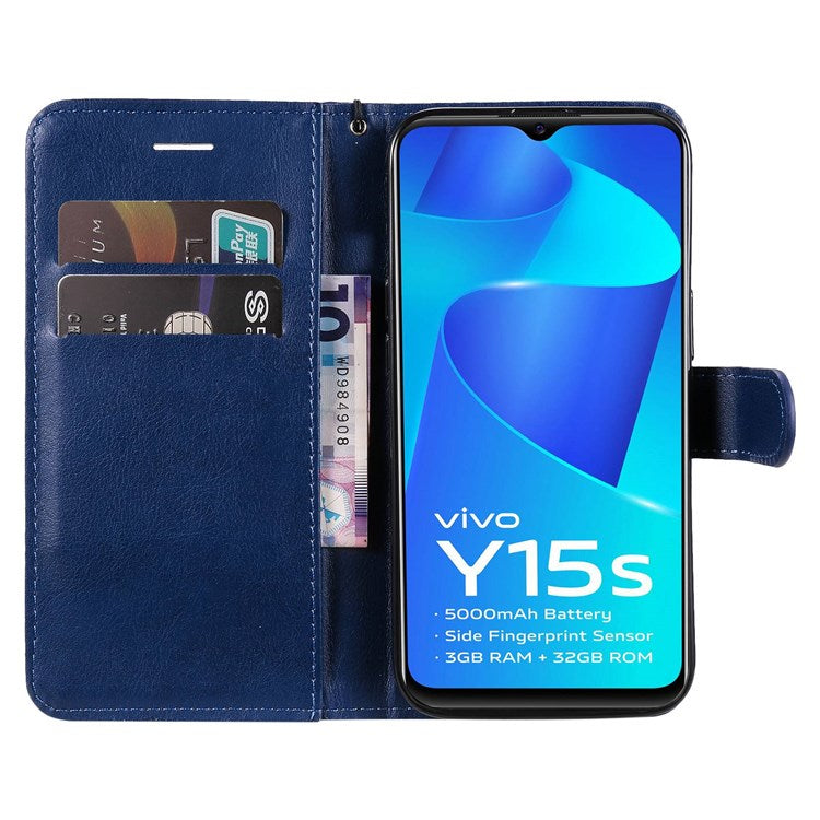 KT Leather Series-2 for vivo Y15s 4G/Y15a 4G PU Leather Solid Color Shockproof Phone Case Stand Flip Hand Strap Wallet Cover - Blue