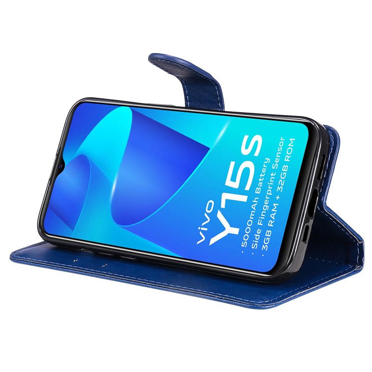 KT Leather Series-2 for vivo Y15s 4G/Y15a 4G PU Leather Solid Color Shockproof Phone Case Stand Flip Hand Strap Wallet Cover - Blue
