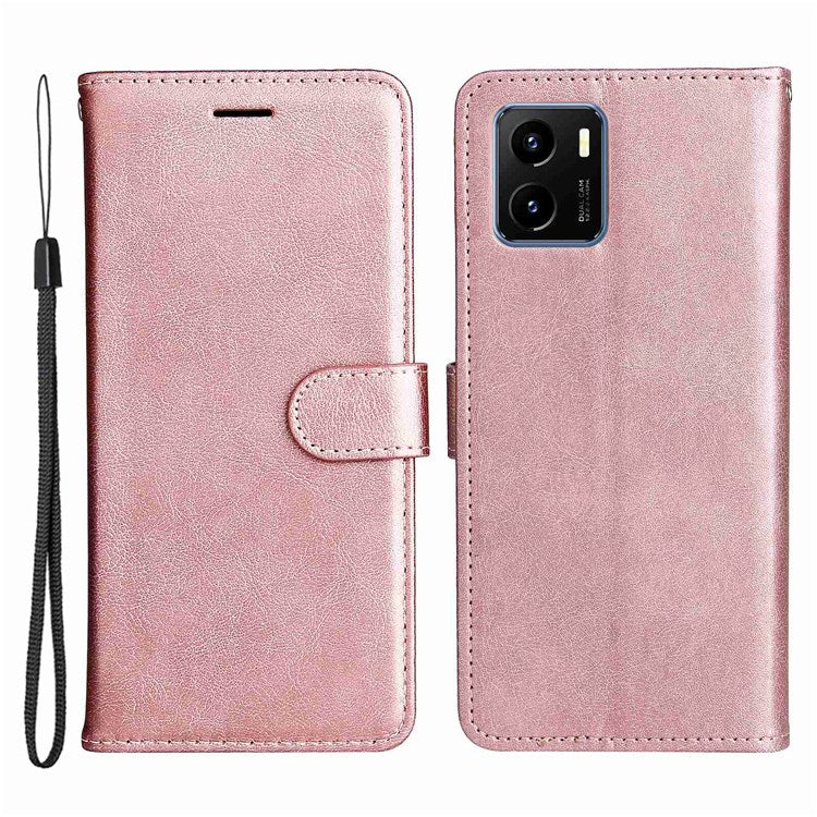 KT Leather Series-2 for vivo Y15s 4G/Y15a 4G PU Leather Solid Color Shockproof Phone Case Stand Flip Hand Strap Wallet Cover - Rose Gold