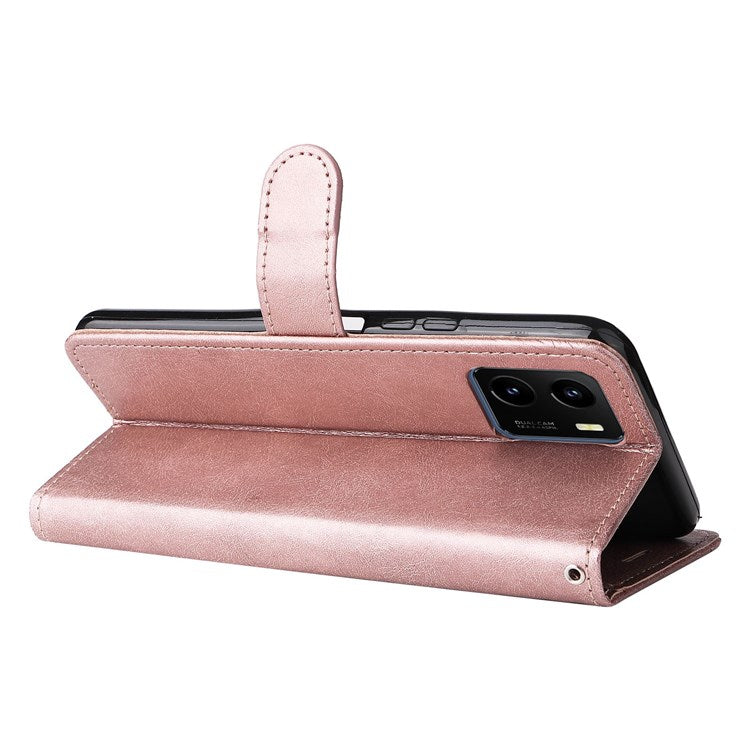 KT Leather Series-2 for vivo Y15s 4G/Y15a 4G PU Leather Solid Color Shockproof Phone Case Stand Flip Hand Strap Wallet Cover - Rose Gold