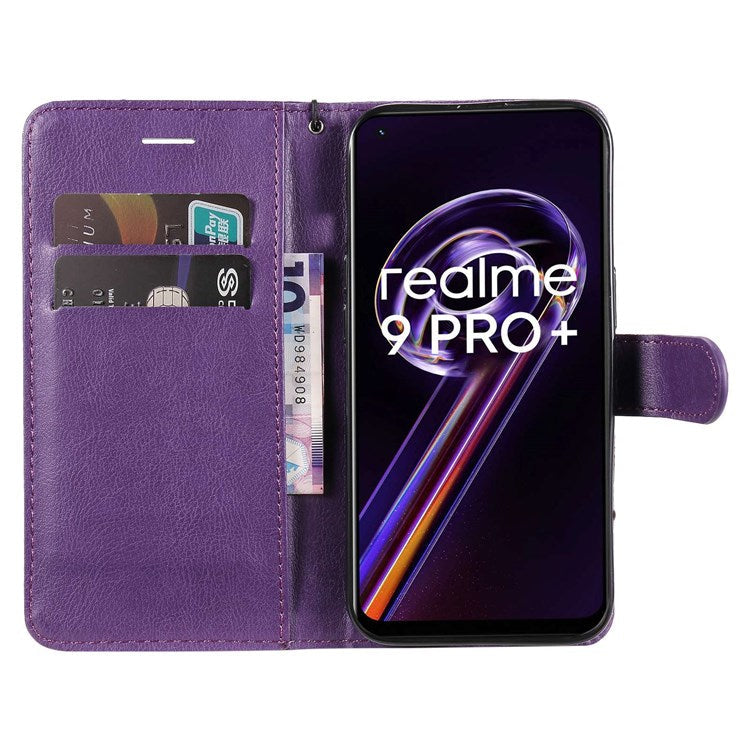 KT Leather Series-2 for Realme 9 Pro+ Wallet Style PU Leather Flip Phone Case Magnetic Closure Handbag Stand Folio Cover with Wrist Strap - Purple