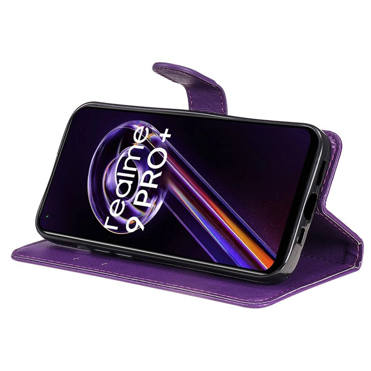 KT Leather Series-2 for Realme 9 Pro+ Wallet Style PU Leather Flip Phone Case Magnetic Closure Handbag Stand Folio Cover with Wrist Strap - Purple