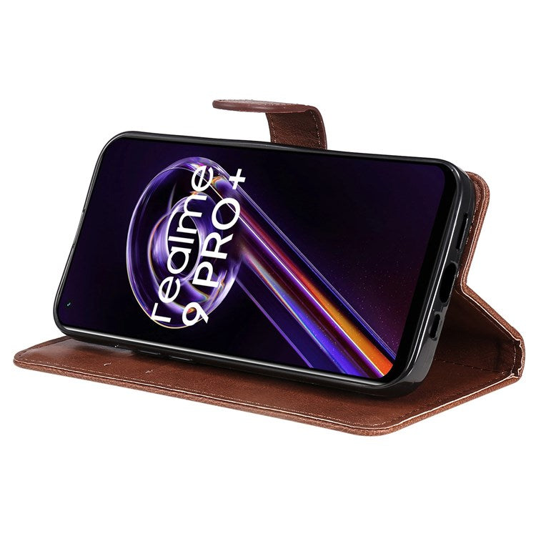 KT Leather Series-2 for Realme 9 Pro+ Wallet Style PU Leather Flip Phone Case Magnetic Closure Handbag Stand Folio Cover with Wrist Strap - Brown