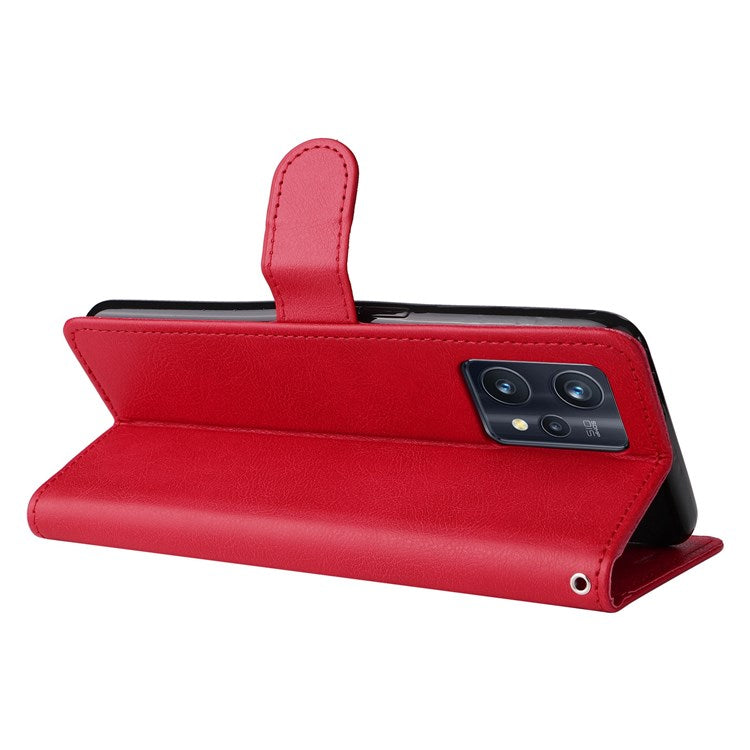 KT Leather Series-2 for Realme 9 Pro+ Wallet Style PU Leather Flip Phone Case Magnetic Closure Handbag Stand Folio Cover with Wrist Strap - Red