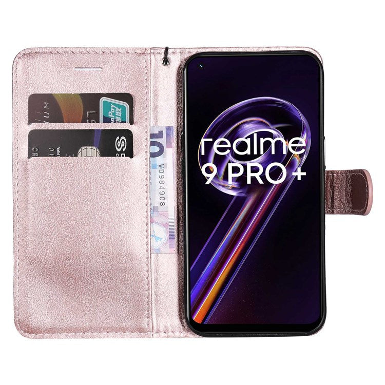 KT Leather Series-2 for Realme 9 Pro+ Wallet Style PU Leather Flip Phone Case Magnetic Closure Handbag Stand Folio Cover with Wrist Strap - Rose Gold