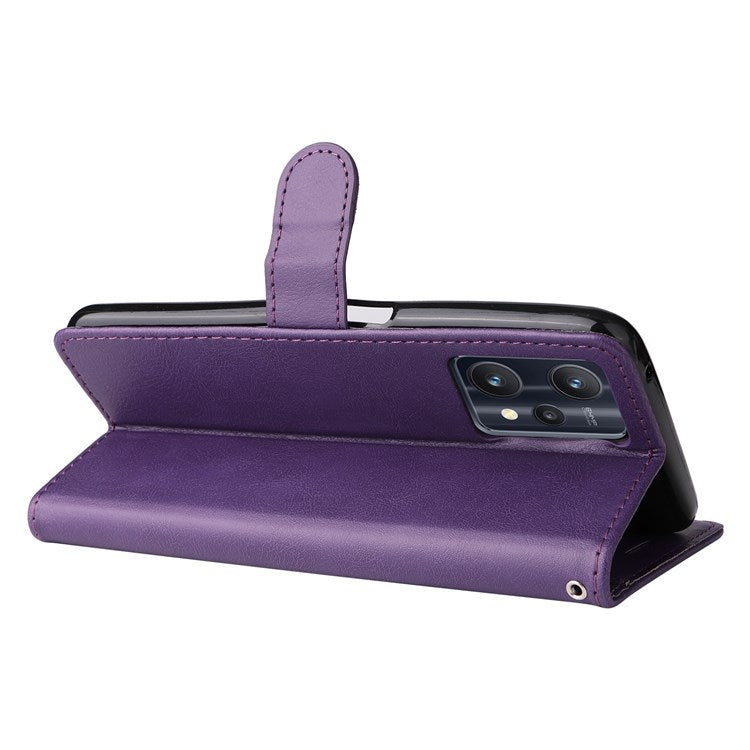 KT Leather Series-2 for Realme 9 Pro 5G / 9 5G / V25 PU Leather + TPU Shockproof Flip Shell Full Protection Wallet Purse Stand Cover with Wrist Strap - Purple