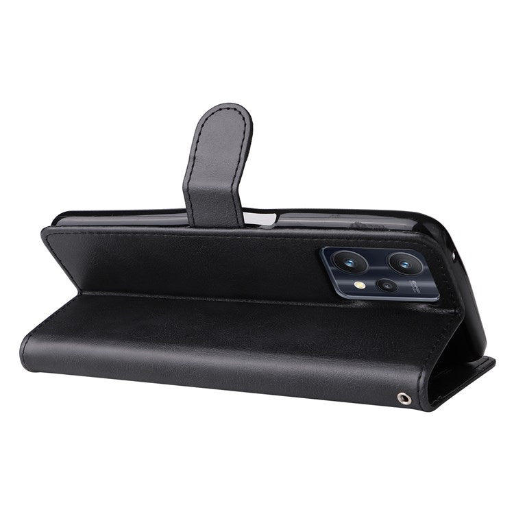 KT Leather Series-2 for Realme 9 Pro 5G / 9 5G / V25 PU Leather + TPU Shockproof Flip Shell Full Protection Wallet Purse Stand Cover with Wrist Strap - Black