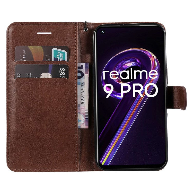 KT Leather Series-2 for Realme 9 Pro 5G / 9 5G / V25 PU Leather + TPU Shockproof Flip Shell Full Protection Wallet Purse Stand Cover with Wrist Strap - Brown