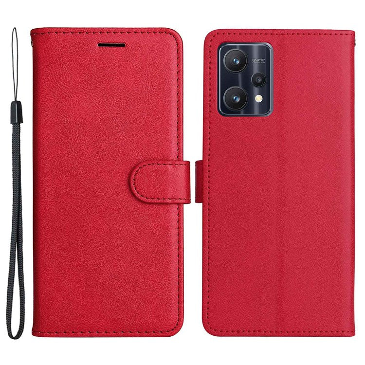 KT Leather Series-2 for Realme 9 Pro 5G / 9 5G / V25 PU Leather + TPU Shockproof Flip Shell Full Protection Wallet Purse Stand Cover with Wrist Strap - Red