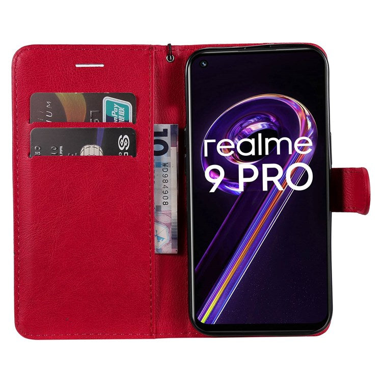 KT Leather Series-2 for Realme 9 Pro 5G / 9 5G / V25 PU Leather + TPU Shockproof Flip Shell Full Protection Wallet Purse Stand Cover with Wrist Strap - Red