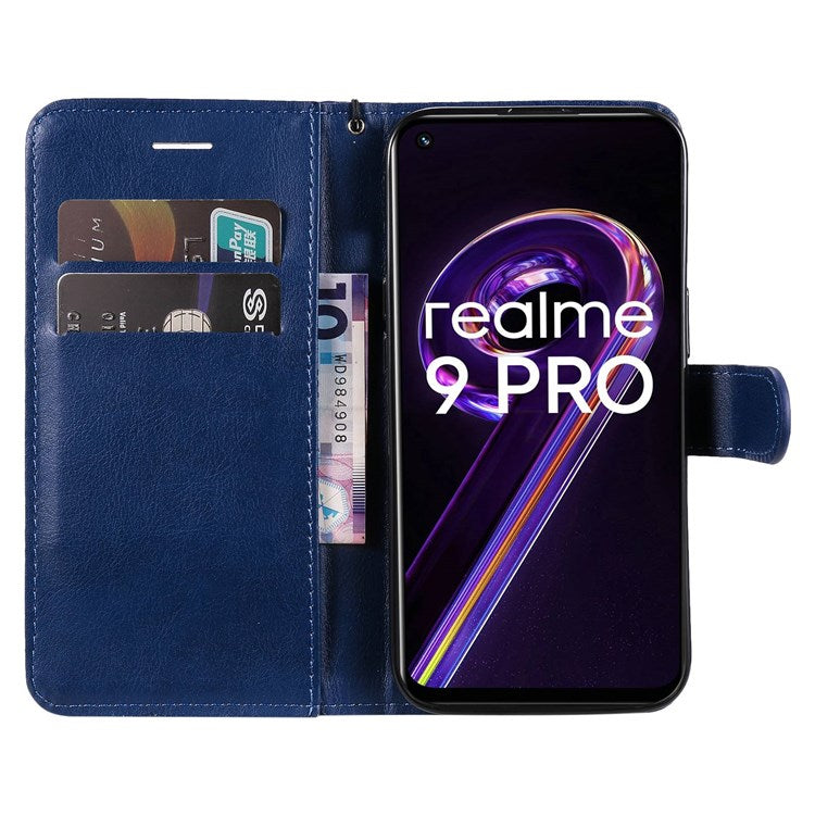 KT Leather Series-2 for Realme 9 Pro 5G / 9 5G / V25 PU Leather + TPU Shockproof Flip Shell Full Protection Wallet Purse Stand Cover with Wrist Strap - Blue