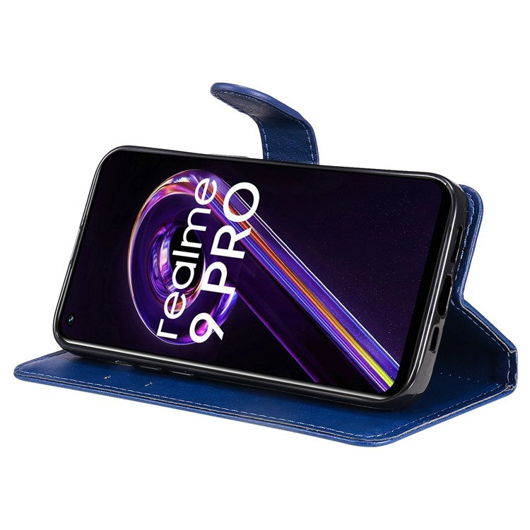 KT Leather Series-2 for Realme 9 Pro 5G / 9 5G / V25 PU Leather + TPU Shockproof Flip Shell Full Protection Wallet Purse Stand Cover with Wrist Strap - Blue