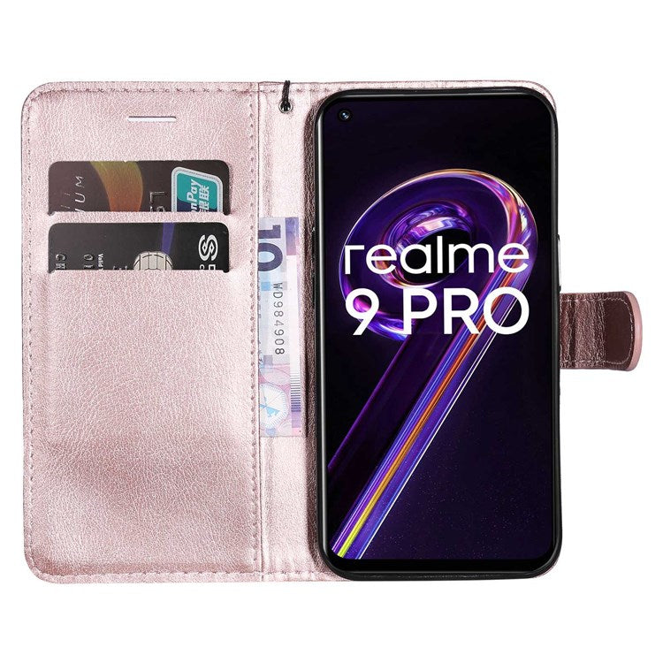 KT Leather Series-2 for Realme 9 Pro 5G / 9 5G / V25 PU Leather + TPU Shockproof Flip Shell Full Protection Wallet Purse Stand Cover with Wrist Strap - Rose Gold