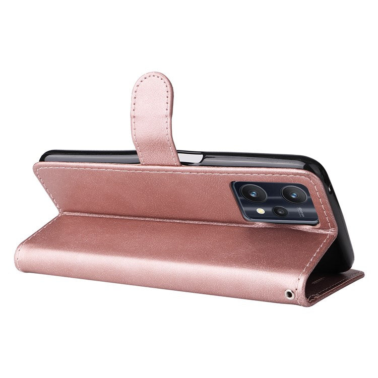KT Leather Series-2 for Realme 9 Pro 5G / 9 5G / V25 PU Leather + TPU Shockproof Flip Shell Full Protection Wallet Purse Stand Cover with Wrist Strap - Rose Gold
