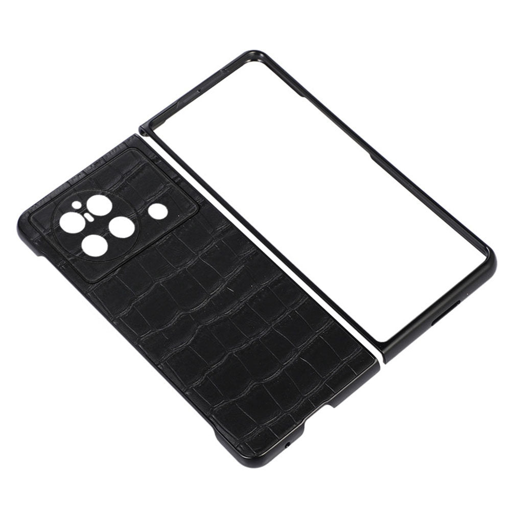 For vivo X Fold Crocodile Texture Scratch-resistant Drop-proof Genuine Leather Coated PC Case Shell - Black