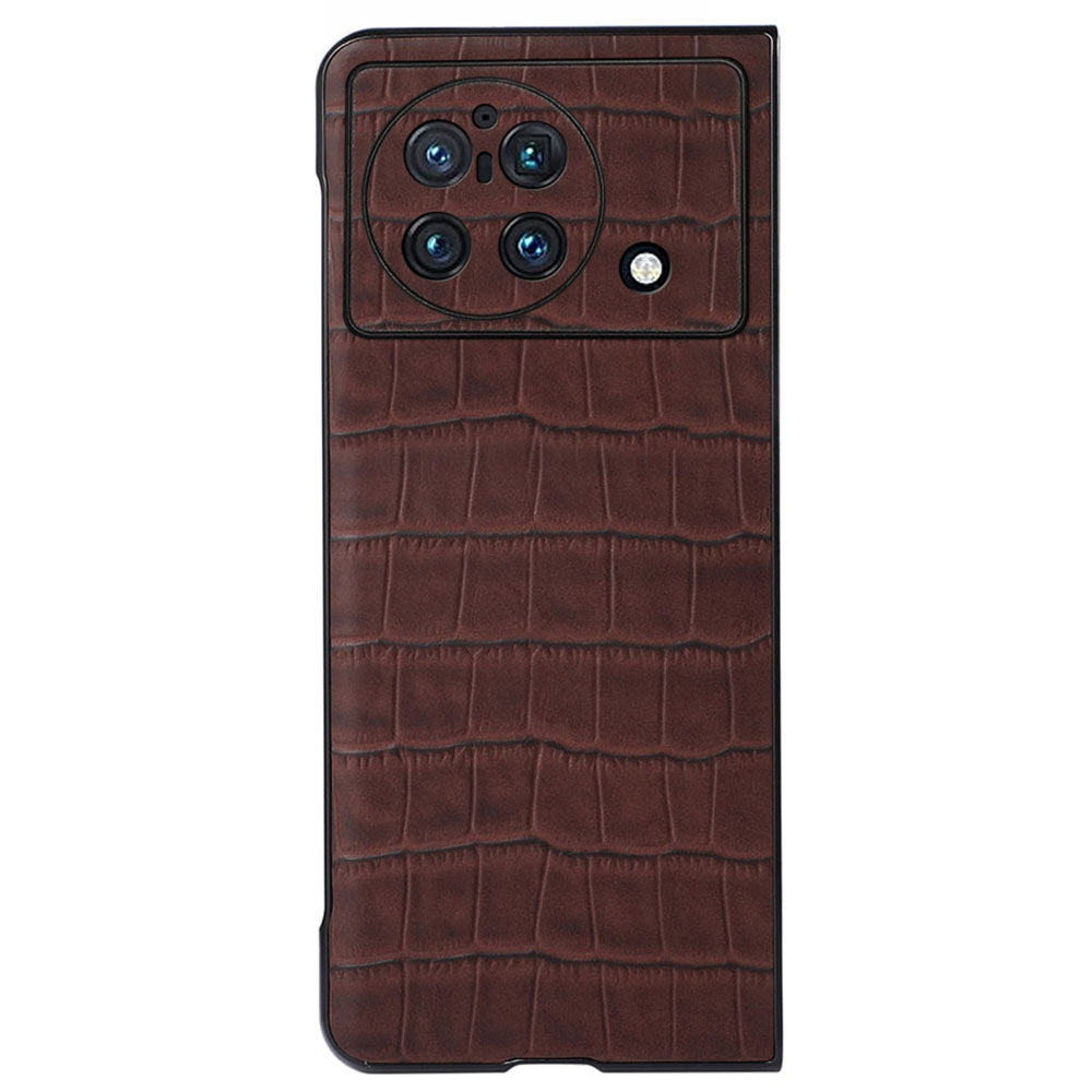 For vivo X Fold Crocodile Texture Scratch-resistant Drop-proof Genuine Leather Coated PC Case Shell - Brown