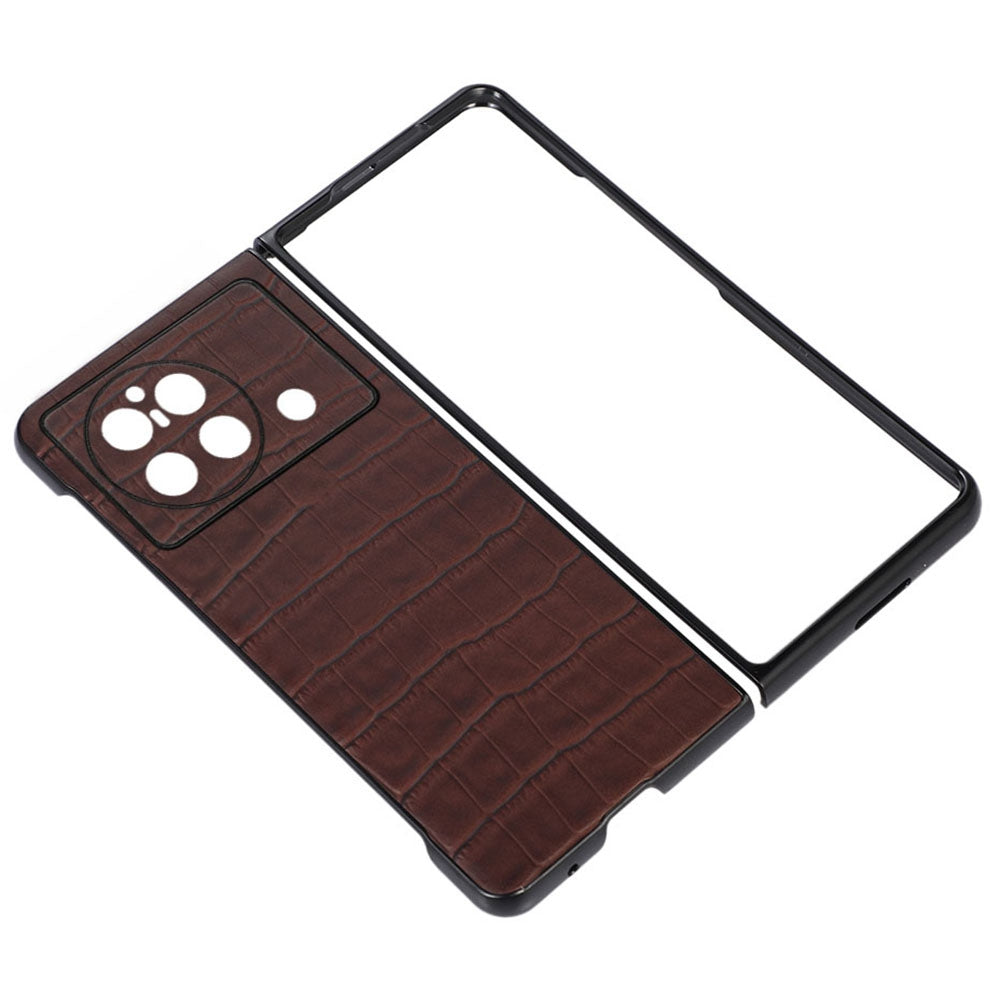 For vivo X Fold Crocodile Texture Scratch-resistant Drop-proof Genuine Leather Coated PC Case Shell - Brown