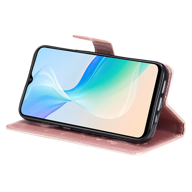 KT Imprinting Flower Series-2 for vivo Y76 5G PU Leather Book Stand Case Imprinted Butterfly Pattern Wallet Style Flip Case with Strap - Rose Gold