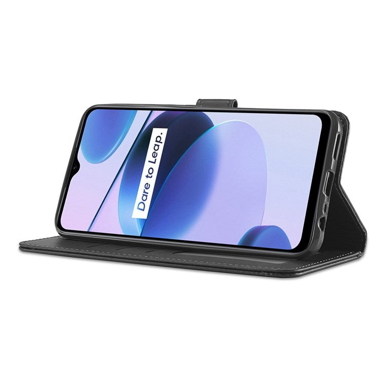 LC.IMEEKE for Realme C35 Textured PU Leather Flip Folio Anti-drop Stand Wallet Case Mobile Phone Case Cover - Black