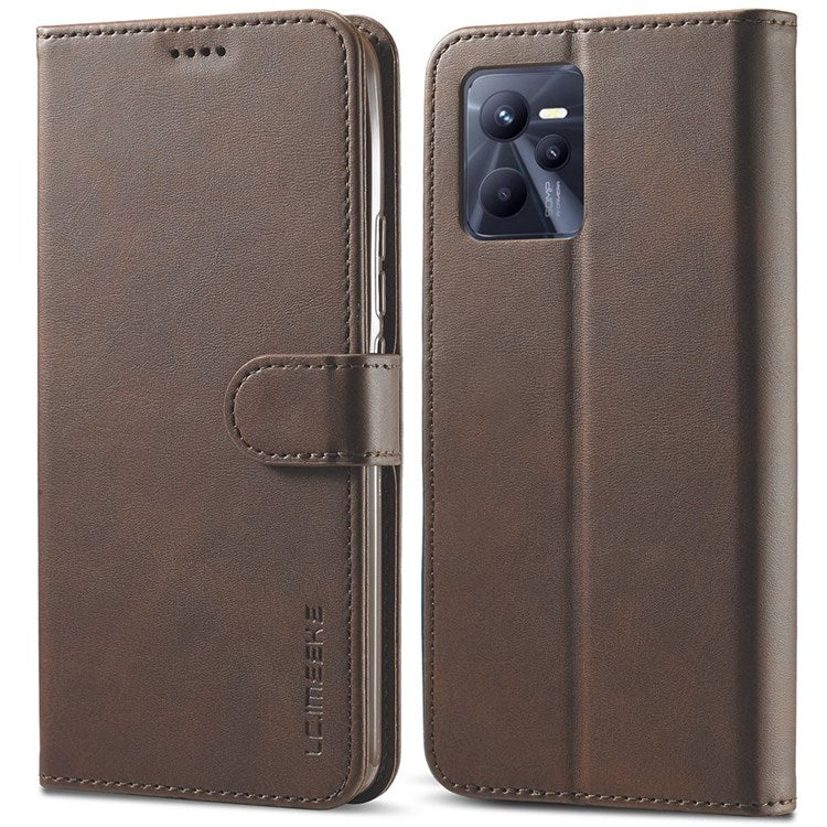 LC.IMEEKE for Realme C35 Textured PU Leather Flip Folio Anti-drop Stand Wallet Case Mobile Phone Case Cover - Brown