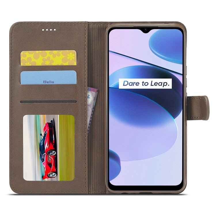 LC.IMEEKE for Realme C35 Textured PU Leather Flip Folio Anti-drop Stand Wallet Case Mobile Phone Case Cover - Brown